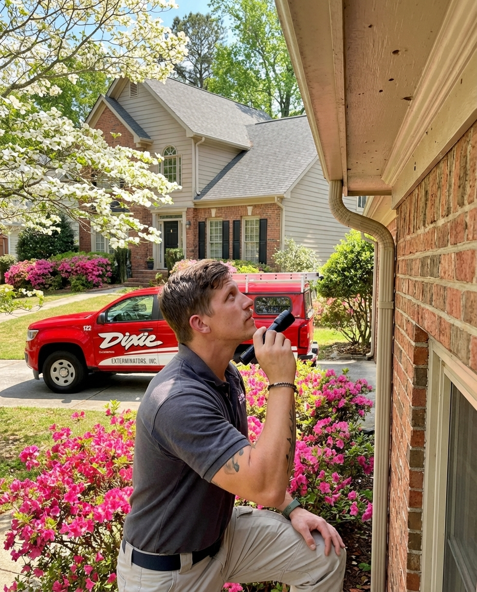 Pest control technician treating home exterior entry areas